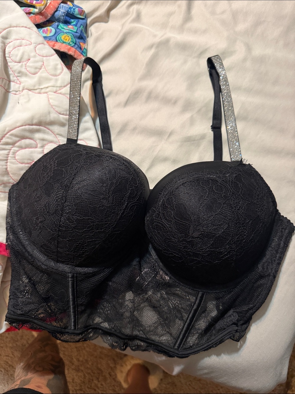 Victoria secret Black Lace Longline Push-Up Bra with Embellished Straps